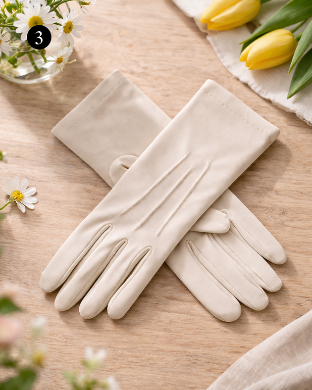 Women's matt satin gloves with three-point stitching in ivory on a table with flowers.